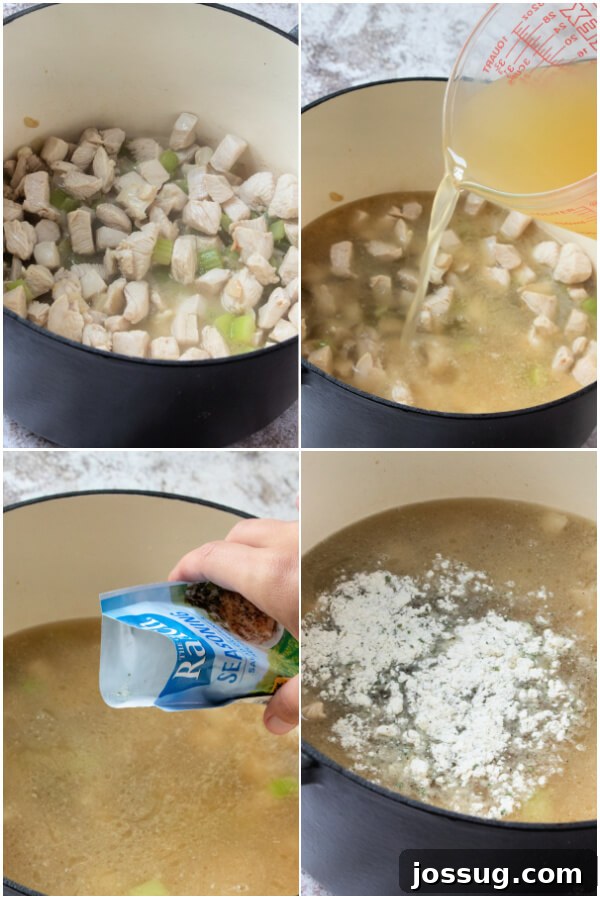Creamy Chicken Bacon Ranch Delight 6 Cooked chicken and sautéed vegetables in a pot, with chicken broth and a dry ranch seasoning packet being added.