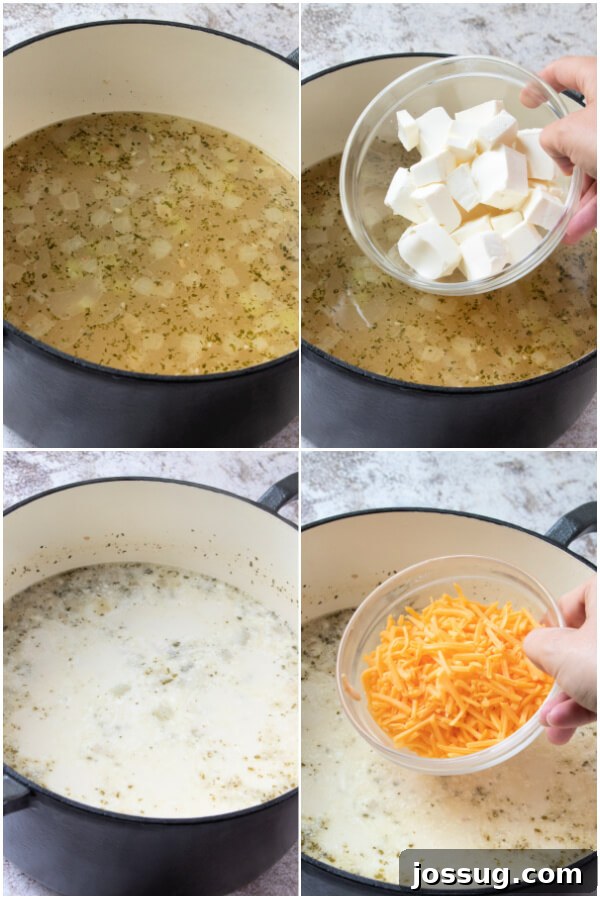 Creamy Chicken Bacon Ranch Delight 7 Adding cream cheese cubes and shredded cheddar cheese to the simmering soup, stirring to combine for ultimate creaminess.