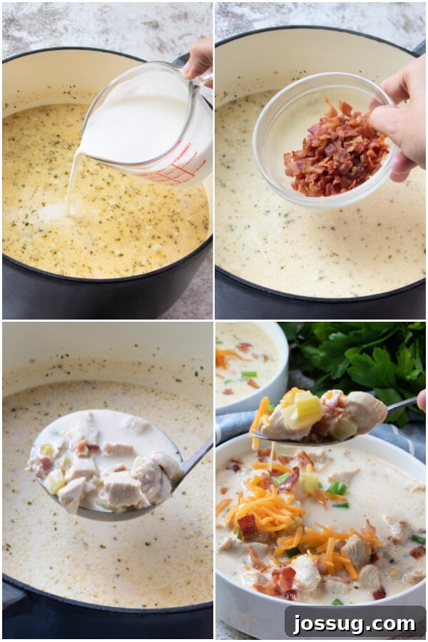 Creamy Chicken Bacon Ranch Delight 8 Adding heavy cream to the soup and returning the cooked, crumbled bacon to the pot for the final stir.
