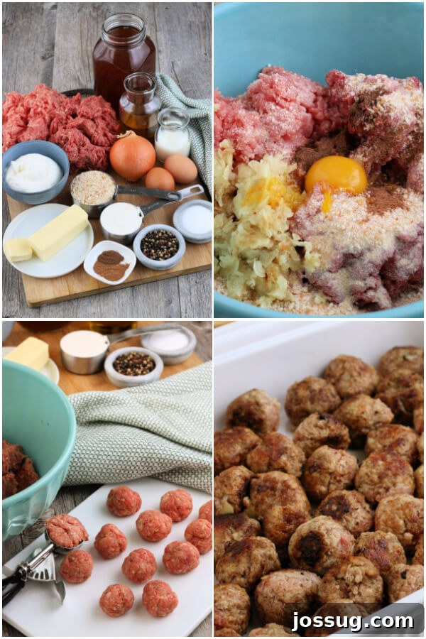 Hands carefully shaping the seasoned ground beef and pork mixture into small, uniform meatballs on a cutting board, ready for cooking.