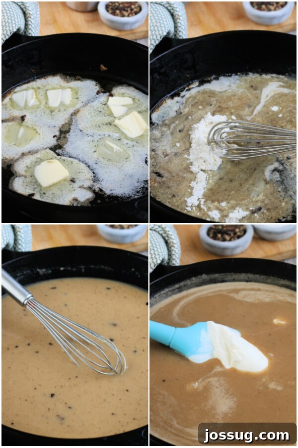 A close-up view of the rich, brown sour cream gravy being prepared in a skillet, showcasing its smooth texture and appetizing color.