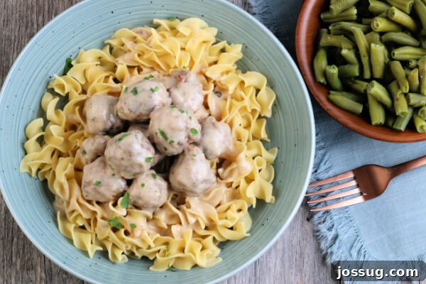 A complete meal of Swedish Meatballs served over noodles, accompanied by a side of vibrant green beans, highlighting a balanced and comforting dinner.