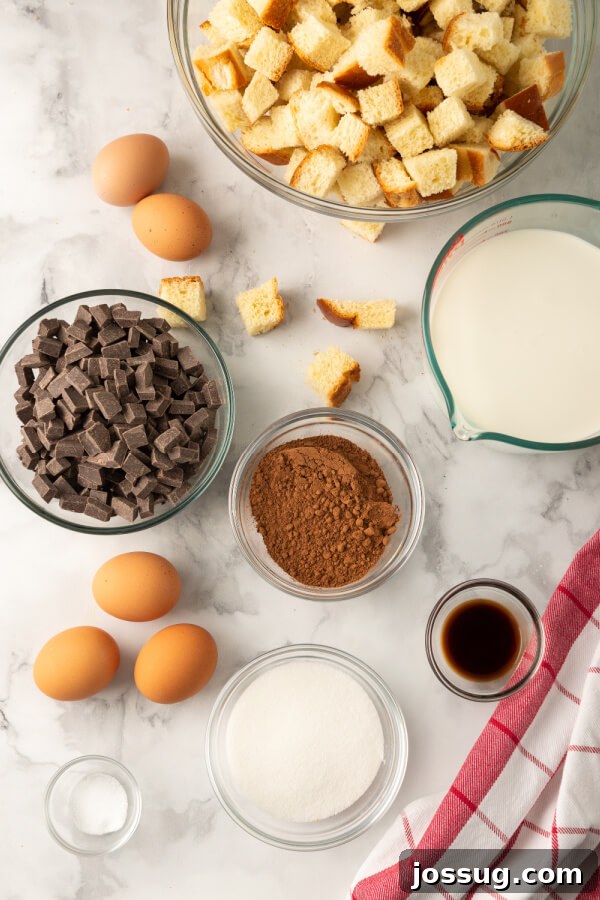 Decadent Chocolate Bread Pudding 3 A collection of fresh ingredients laid out on a kitchen counter, including bread, chocolate chips, eggs, milk, sugar, and cocoa powder, prepared for making chocolate bread pudding.