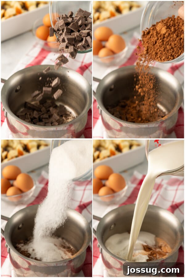 Decadent Chocolate Bread Pudding 5 A saucepan on low heat with semi-sweet chocolate chips, granulated sugar, cocoa powder, and half and half, being stirred to create the rich chocolate custard base for the bread pudding.