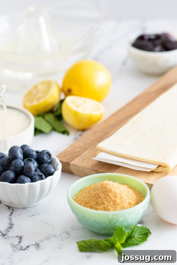 Bright Lemon Blueberry Danish Delight 3 All ingredients for the lemon blueberry danish recipe neatly laid out on a clean white background, showcasing freshness