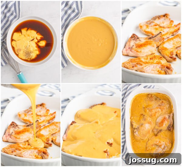 Tender Baked Pork Chops in Rich Pan Gravy 5 Collage showing step-by-step preparation for baked pork chops in gravy: browning, combining gravy, baking
