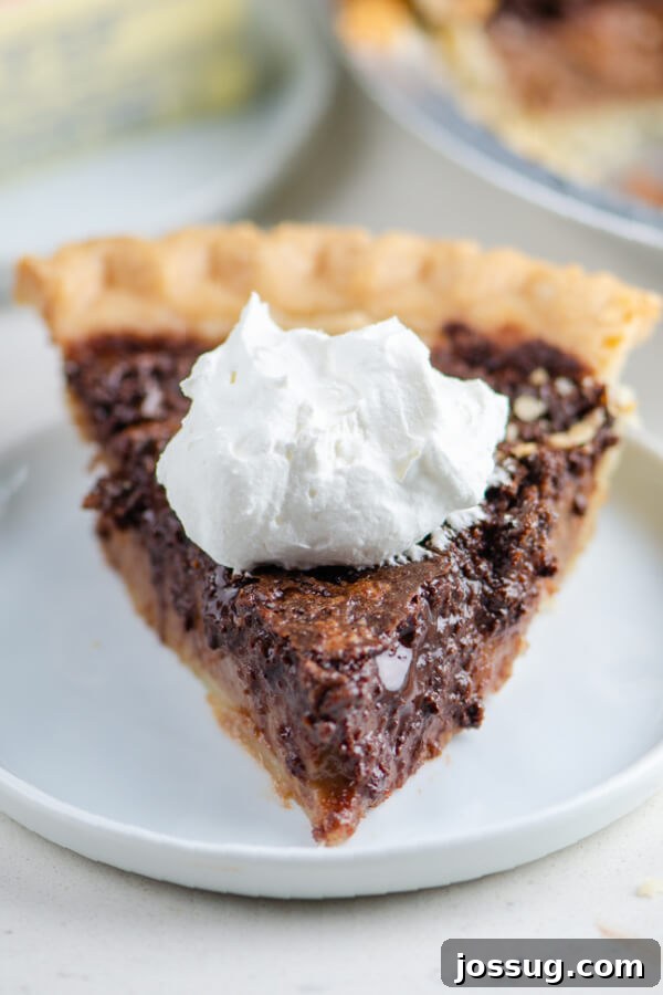 Decadent Chocolate Chess Pie 2 chocolate chess pie with a dollop of whipped cream on a white plate