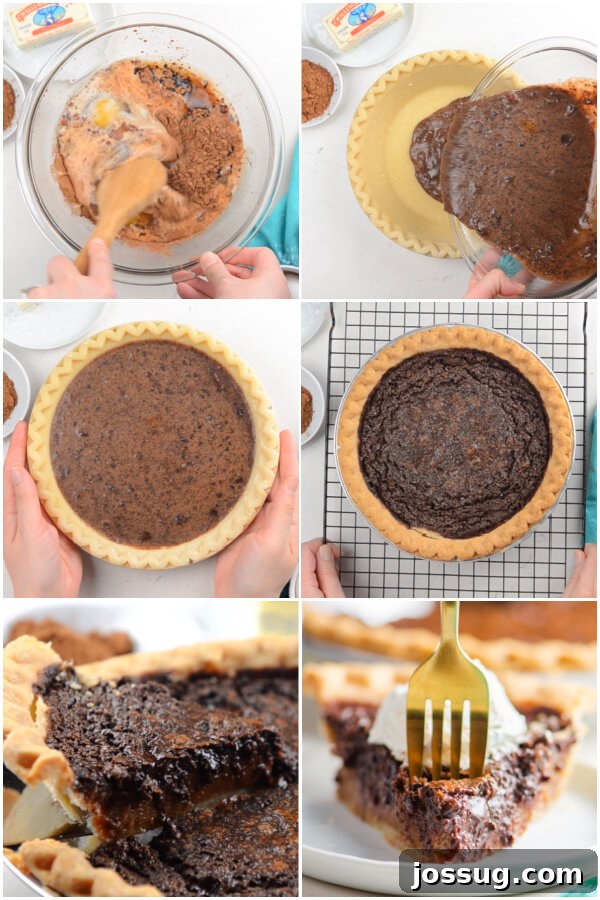 Decadent Chocolate Chess Pie 5 mixing the filling and pouring it into the pie crust, removing a slice of pie and a fork taking a bite off the finished slice