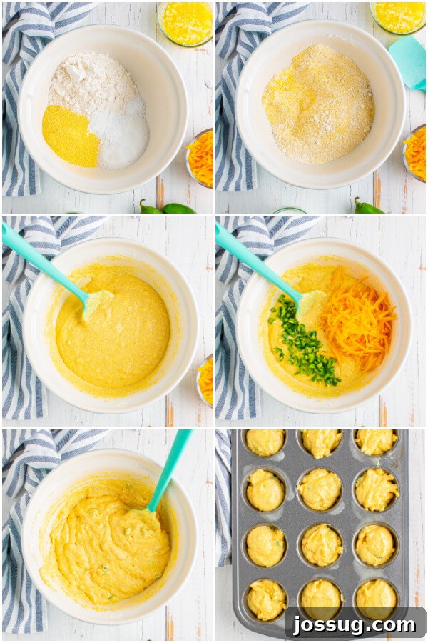 Step-by-step image collage showing the process of mixing ingredients and spooning batter into a muffin tin for corn muffins.