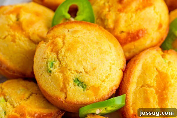 A stack of golden-brown Jalapeño Cheddar Corn Muffins on a rustic plate, ready to be served, highlighting their inviting texture.