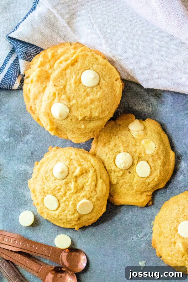 Bright Lemon Cloud Cookies 2 A stack of golden-yellow lemon pudding cookies garnished with a delicate dusting of powdered sugar, set against a vibrant blue background, highlighting their soft texture and inviting appearance.