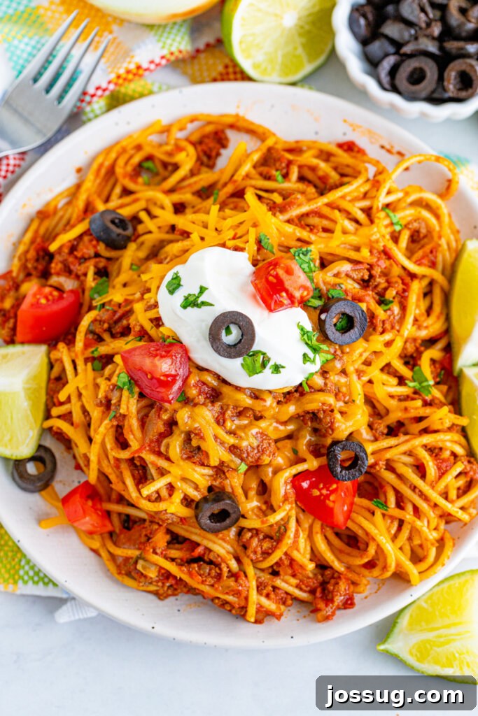 Taco Pasta Fusion 4 Looking down onto a plate of taco spaghetti