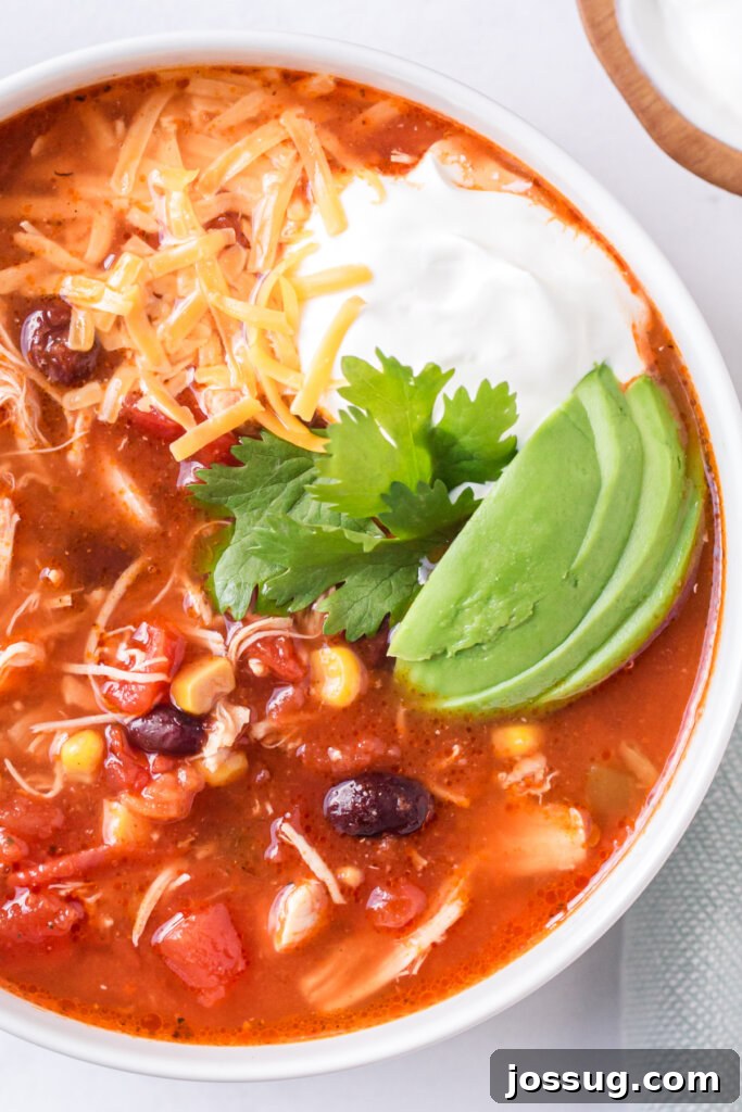 A close up bowl of Instant Pot Enchilada Soup with avocado, sour cream, and cheese.
