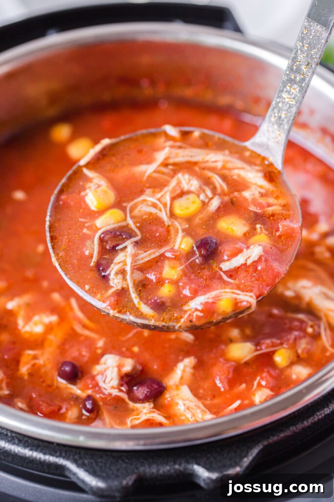 Ladling Instant Pot Enchilada Soup out of a pressure cooker.