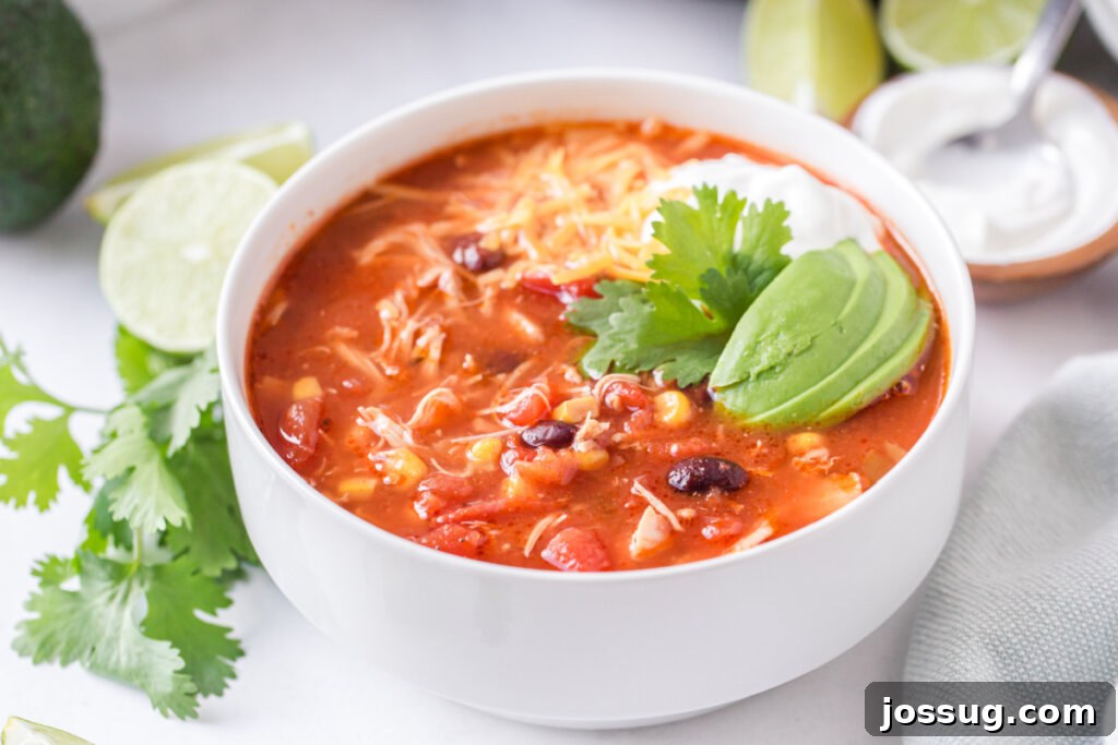Chicken enchilada soup in bowl.