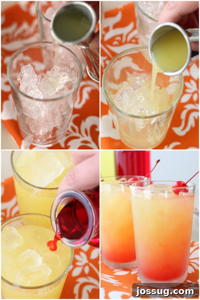 Hands preparing a Limoncello Sunrise cocktail, adding orange juice to a glass with ice and limoncello.