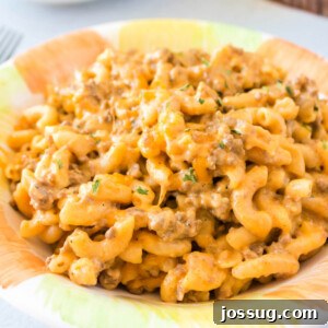 Closeup of creamy one-pot cheeseburger pasta