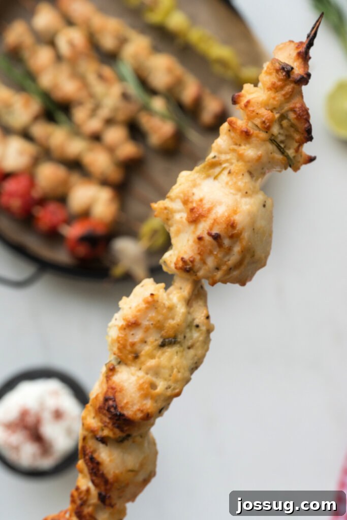 Close-up view of marinated chicken pieces threaded onto a skewer, ready for cooking.