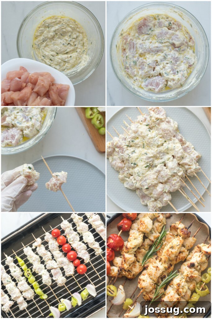 Close-up step-by-step image illustrating how to assemble chicken skewers with vegetables.
