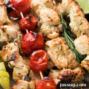 Closeup of perfectly cooked chicken skewers
