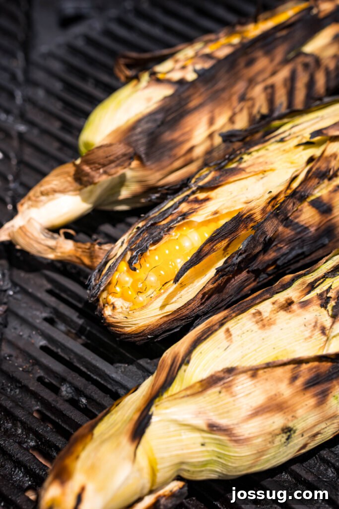 Perfectly Charred Sweet Corn 4 ears of corn on a grill