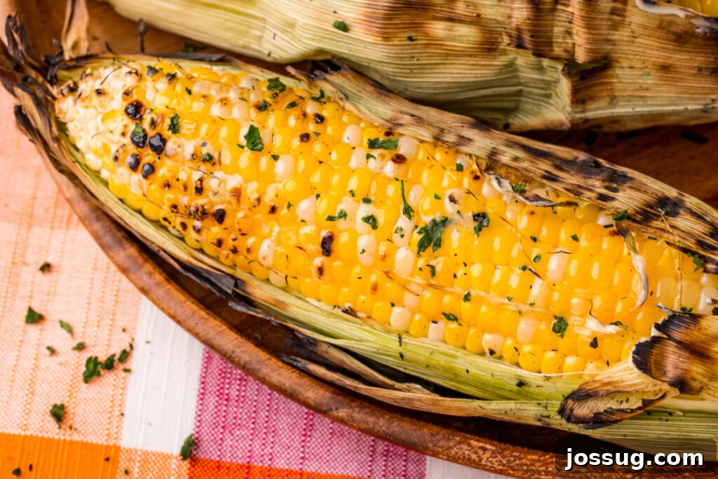 Perfectly Charred Sweet Corn 5 grilled corn in husk in wooden serving bowl