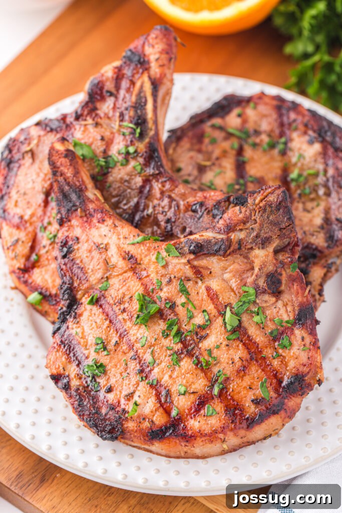 Succulent Grilled Pork Chops 2 perfectly grilled pork chops on a white plate, garnished and ready to serve