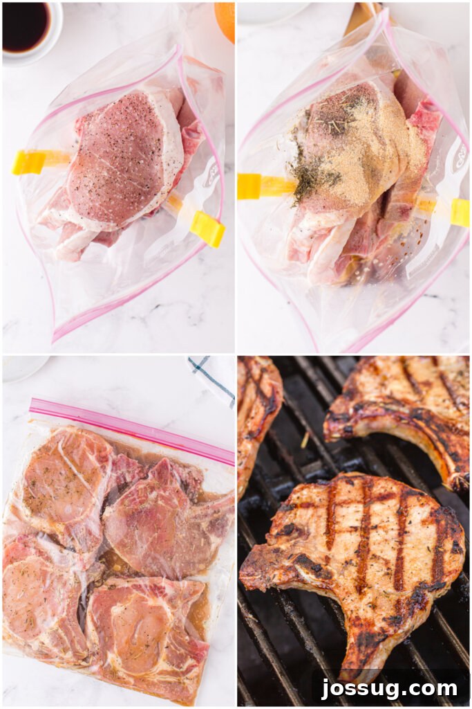 Succulent Grilled Pork Chops 4 a visual guide showing the step-by-step process of preparing and grilling pork chops