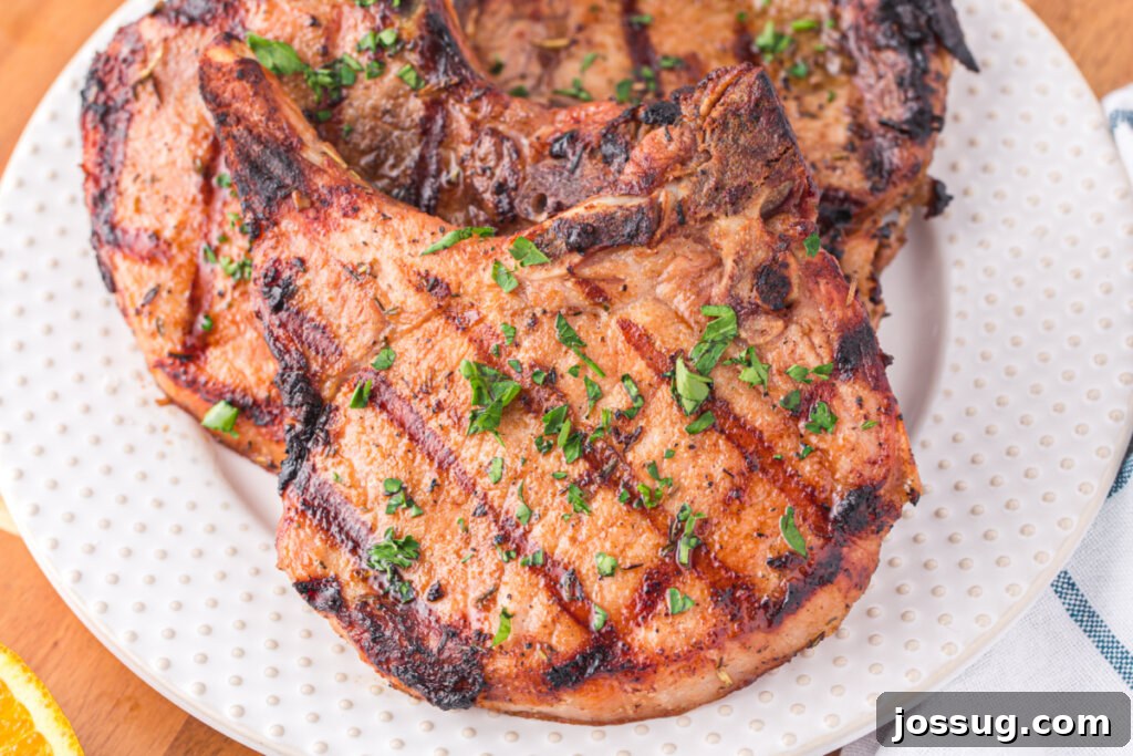 Succulent Grilled Pork Chops 5 a beautifully cooked pork chop on a white plate, showcasing its golden-brown crust