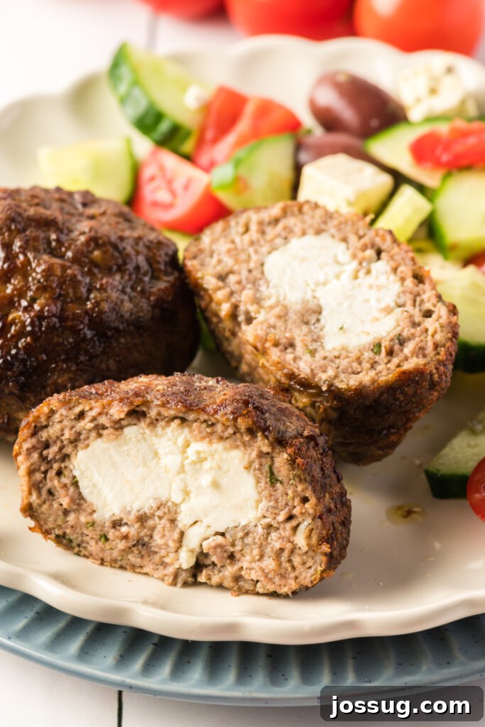 air fryer bifteki cut in half to show the feta cheese inside with greek salad in background