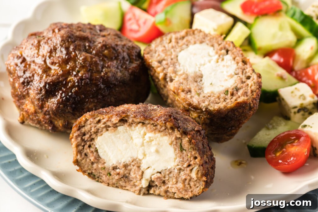 bifteki cut in half to show the feta cheese inside
