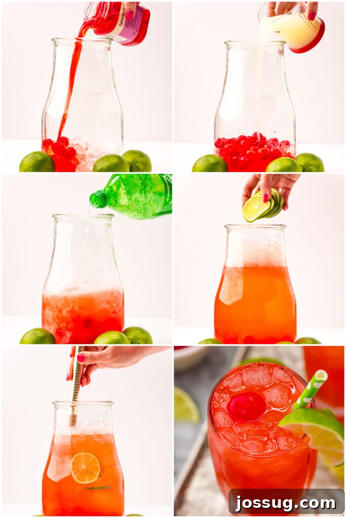 Homemade Sonic Cherry Limeade 4 Ingredients for cherry limeade laid out next to a mixing pitcher, showcasing the ease of the preparation process for this refreshing drink.