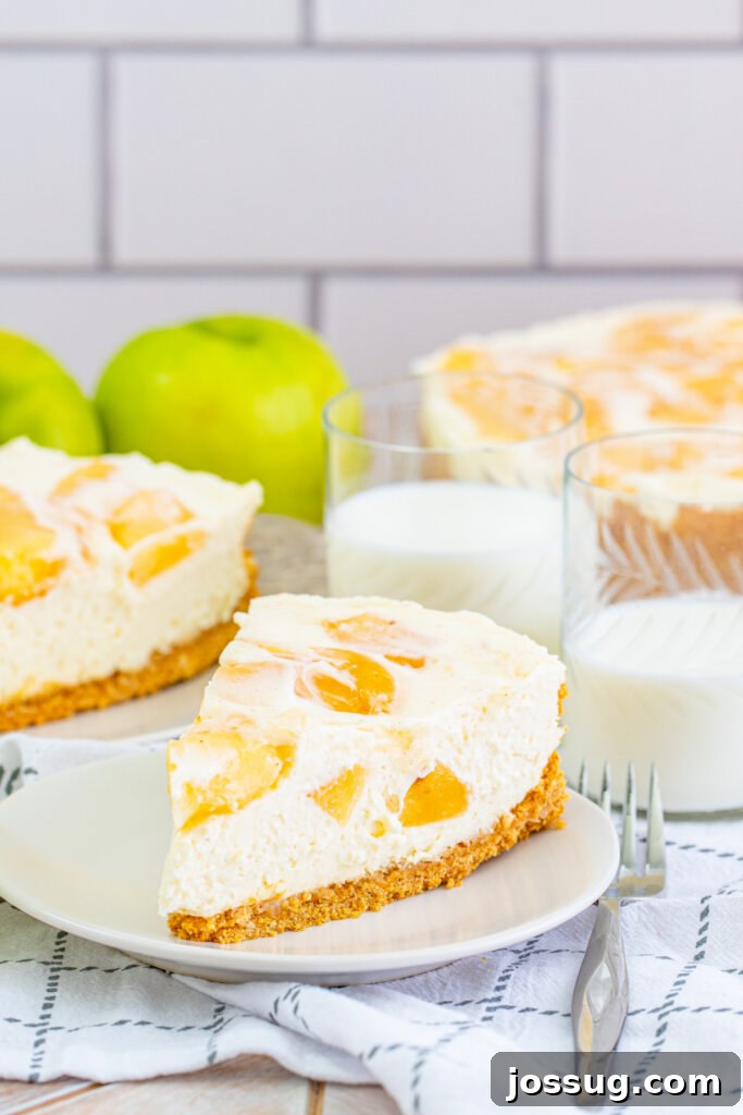 Effortless Apple Cheesecake Treat 3 Close-up of a creamy no-bake cheesecake on a plate, showing the smooth texture and subtle apple pieces
