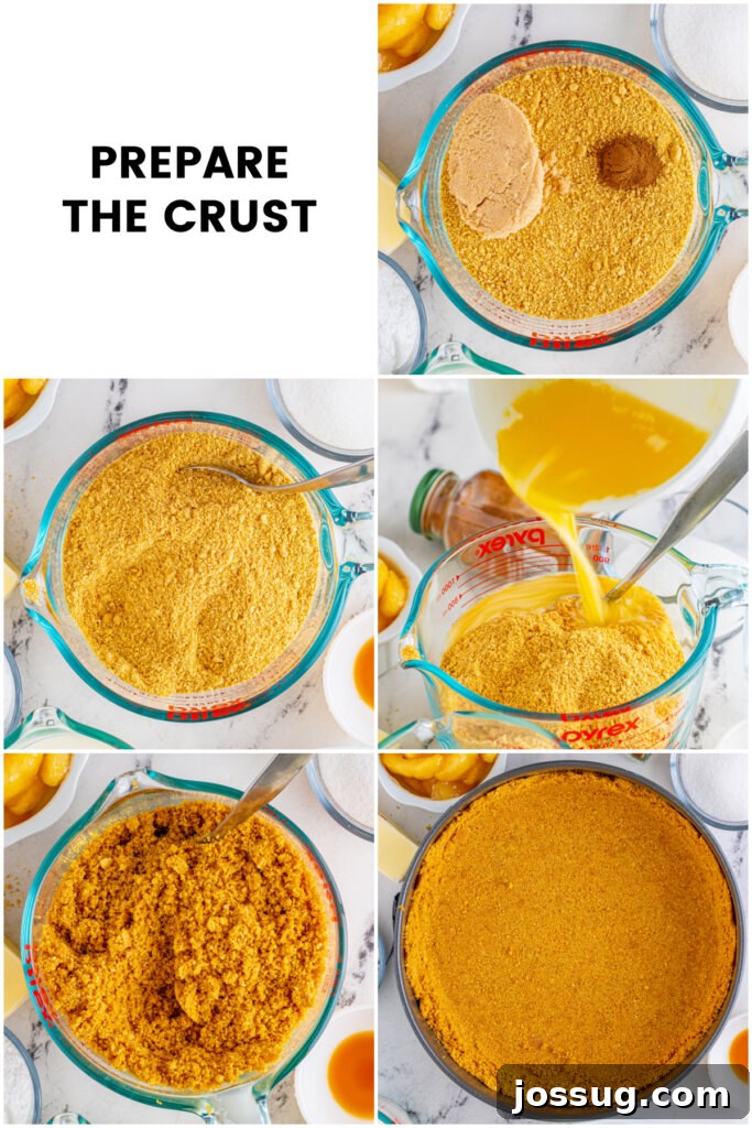 Effortless Apple Cheesecake Treat 4 A collage demonstrating the steps for preparing the spiced graham cracker crust, from mixing to pressing into the pan.