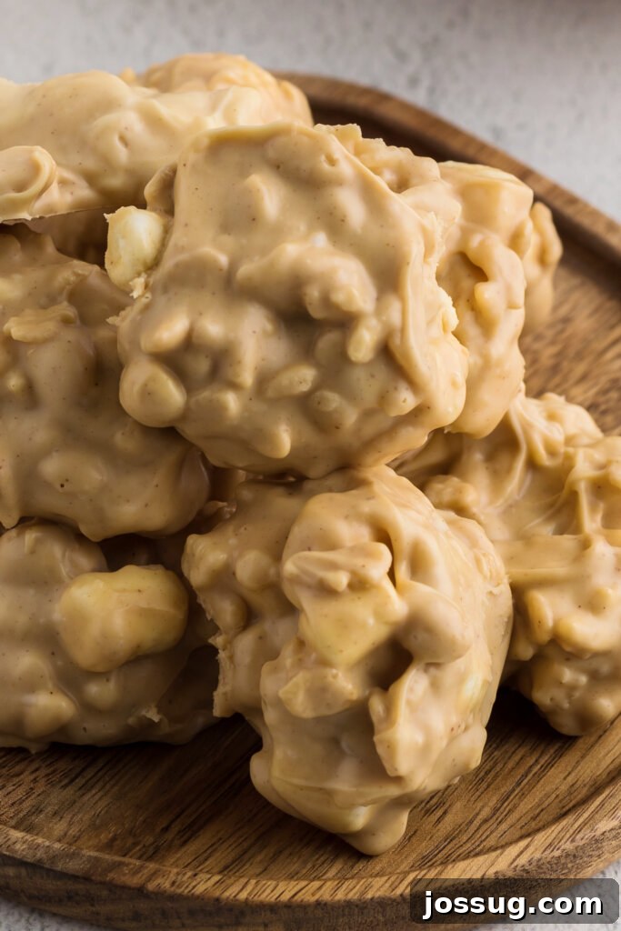 no bake cookies piled on wooden plate