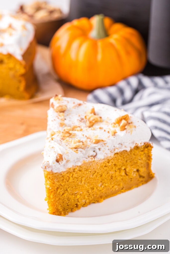 Close-up of a slice of pumpkin cake on a white plate, showcasing its soft, moist interior