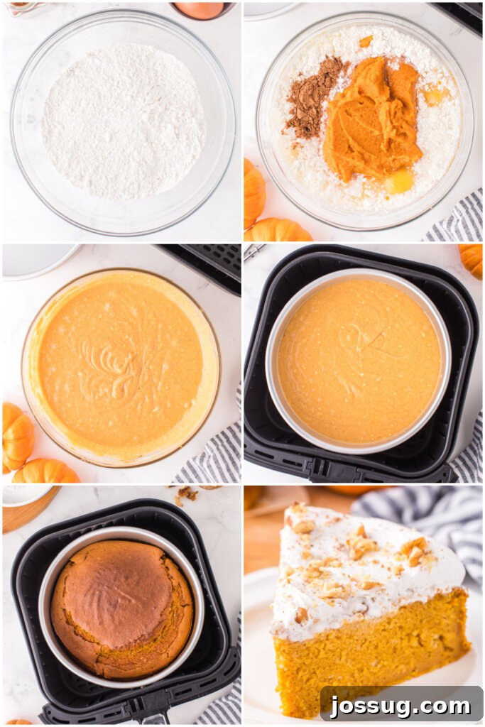 Step-by-step image showing how to make air fryer pumpkin cake, with mixed batter in a bowl