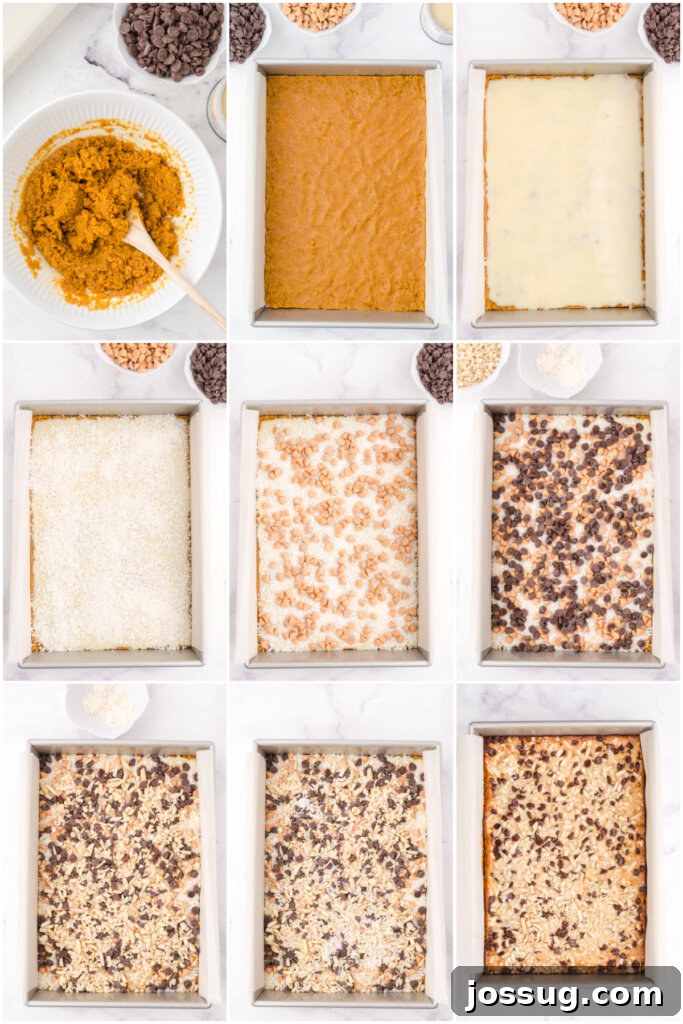 Miracle Layered Dessert Bars 4 Step-by-step assembly of Magic Cookie Bars, showing the graham cracker crust, condensed milk pour, and layers of chips, coconut, and nuts.