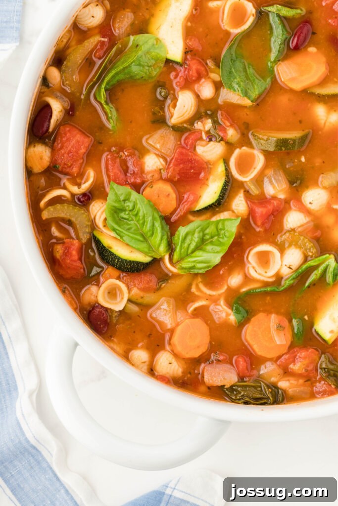 A beautiful bowl of homemade Instant Pot Minestrone Soup, garnished generously with fresh green basil leaves, set against a rustic background.