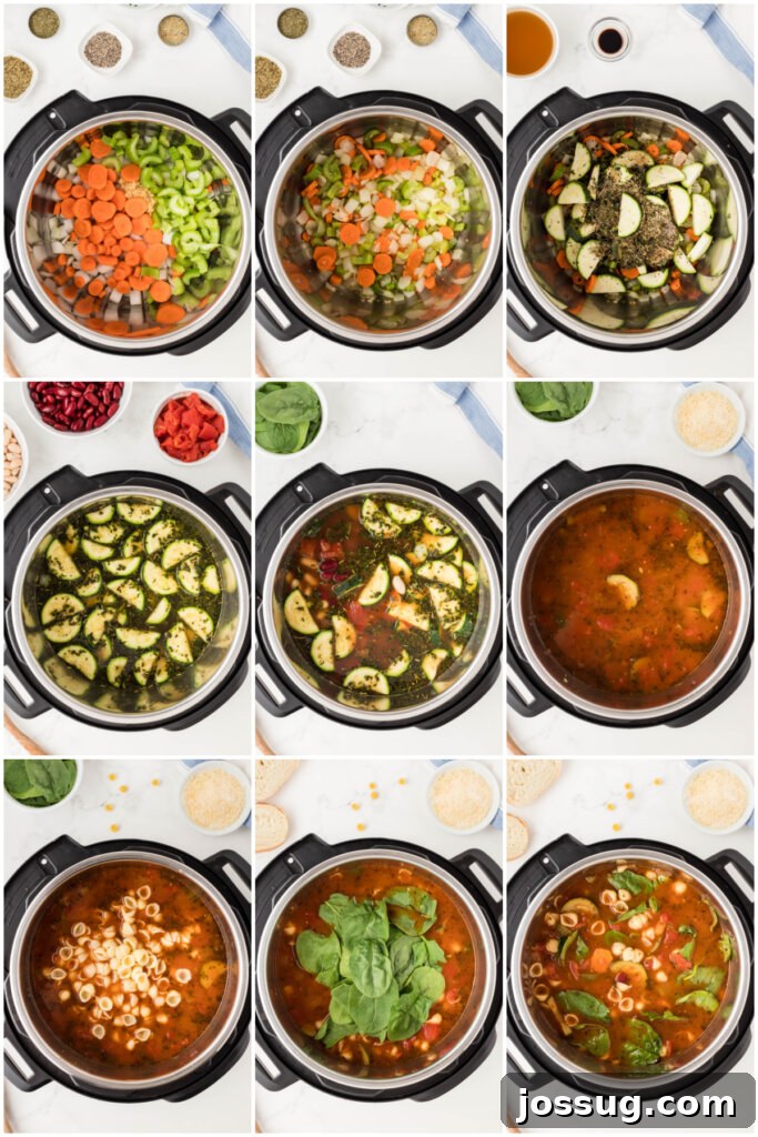 An overhead view showing the process of making Minestrone Soup, with a ladle scooping a rich portion from an Instant Pot.
