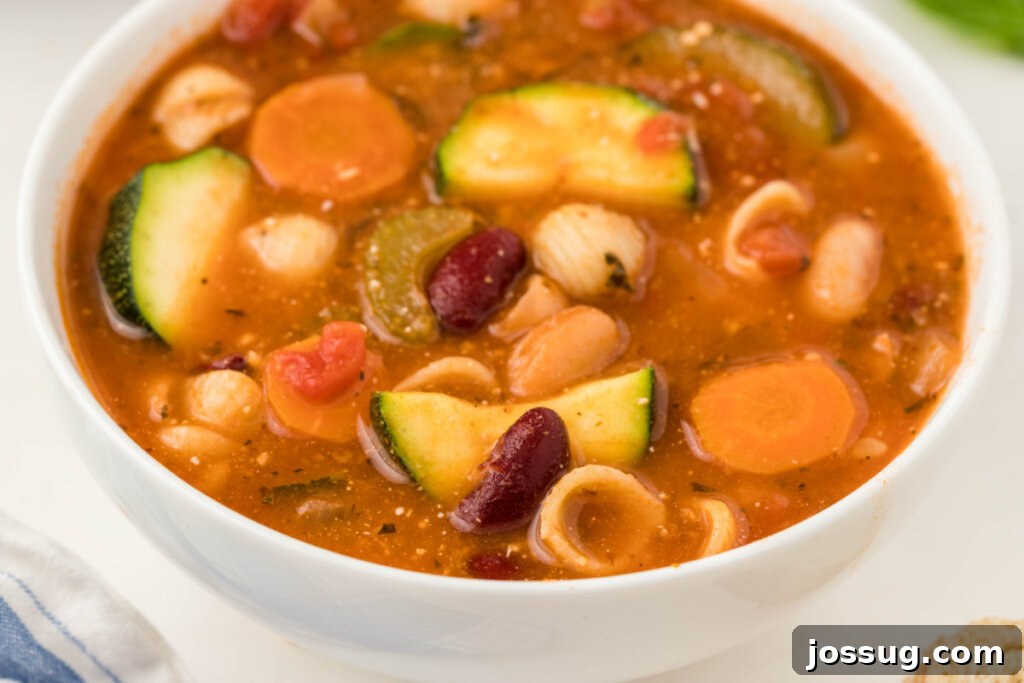 A beautifully presented bowl of Minestrone Soup recipe, garnished and ready to be savored.
