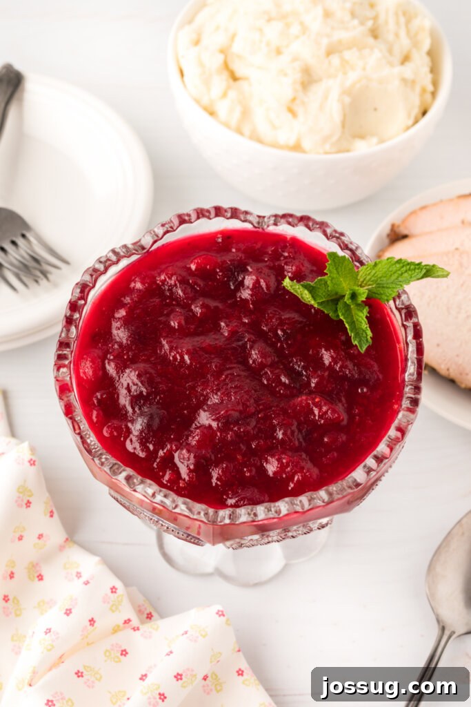 Ruby Red Holiday Delight 2 Freshly made cranberry sauce in a clear glass bowl, garnished with a sprig of mint, ready to be served