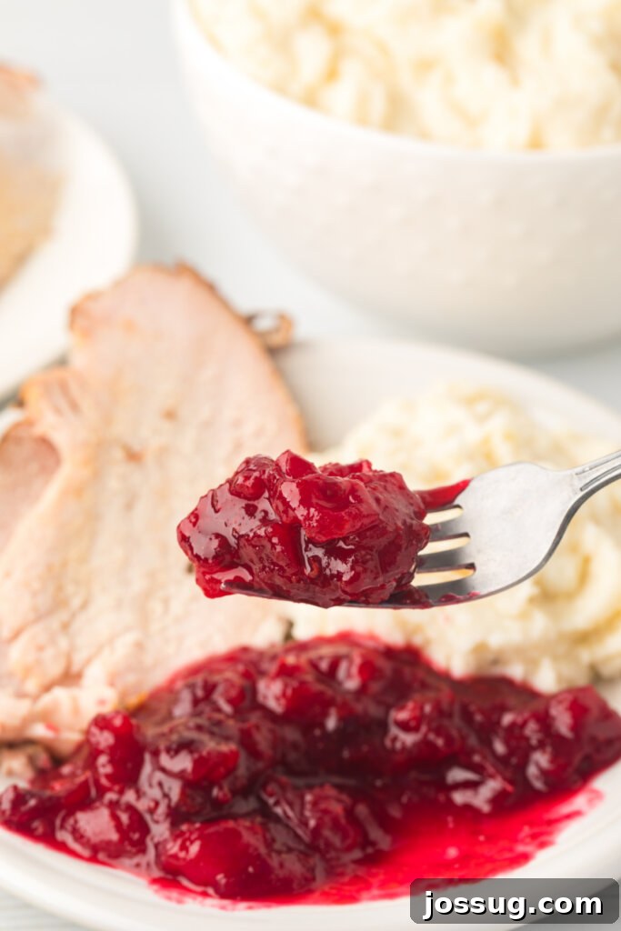 Ruby Red Holiday Delight 3 Close-up shot of a fork lifting a spoonful of cranberry sauce, highlighting its texture and glossy appearance
