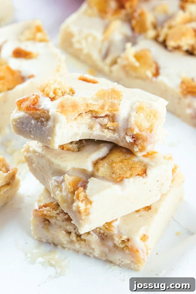 Spiced Apple Fudge 2 three squares of apple pie fudge stacked with a bite taken out of the top one