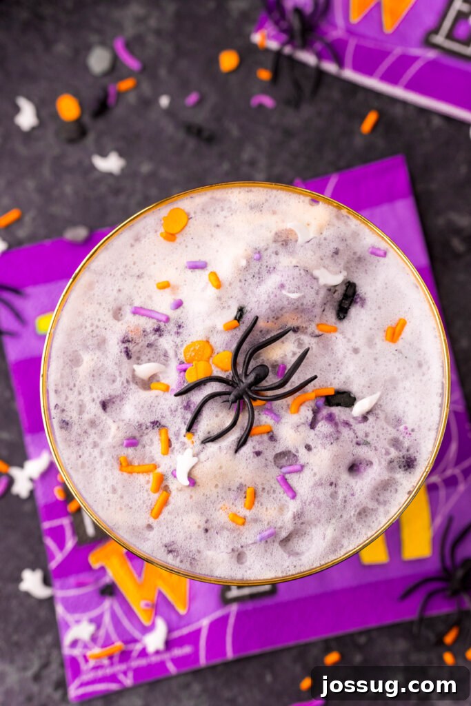 looking down into a glass of purple witch's brew halloween punch with sprinkles and toy spider on top