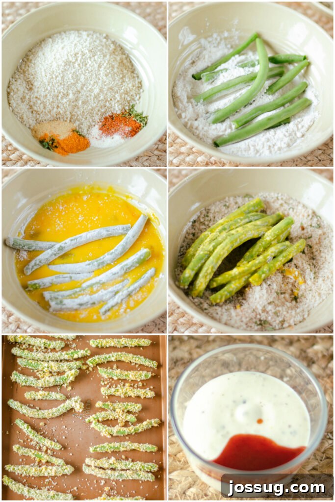 Crunchy Green Bean Frites 4 Step-by-step image of green bean fries being breaded and baked, with dipping sauce