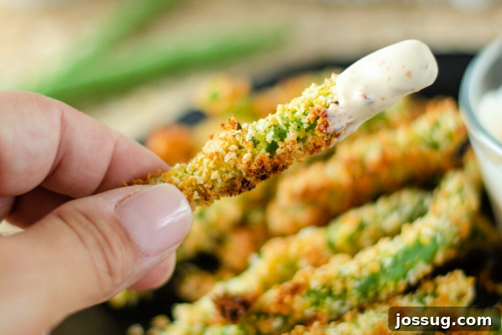Crunchy Green Bean Frites 5 A hand holding a single crispy green bean fry, dipped in sauce, against a blurred background