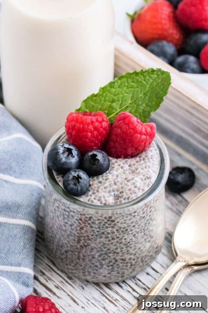 Chia seed pudding in a glass jar garnished with fresh berries and mint leaves, ready for breakfast.
