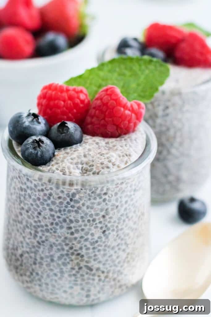 Two jars of chia seed pudding, one topped with berries and the other with sliced bananas, ready for serving.