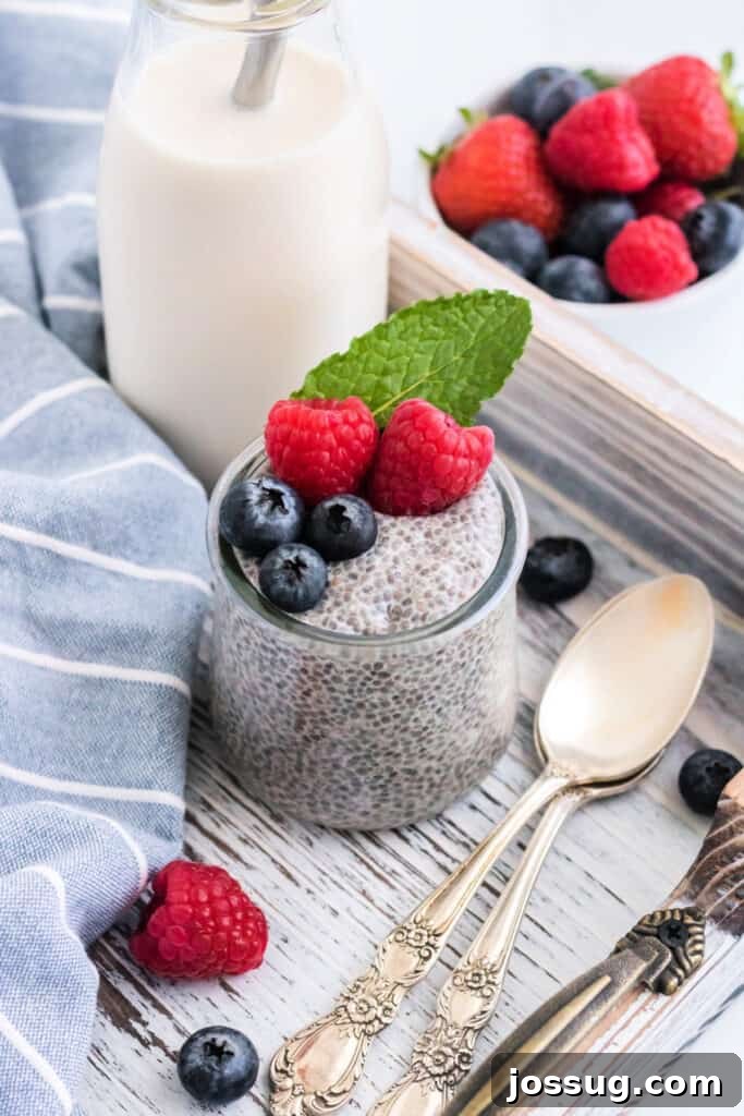 A glass jar of chia seed pudding sitting next to a glass of milk, garnished with a few fresh berries.